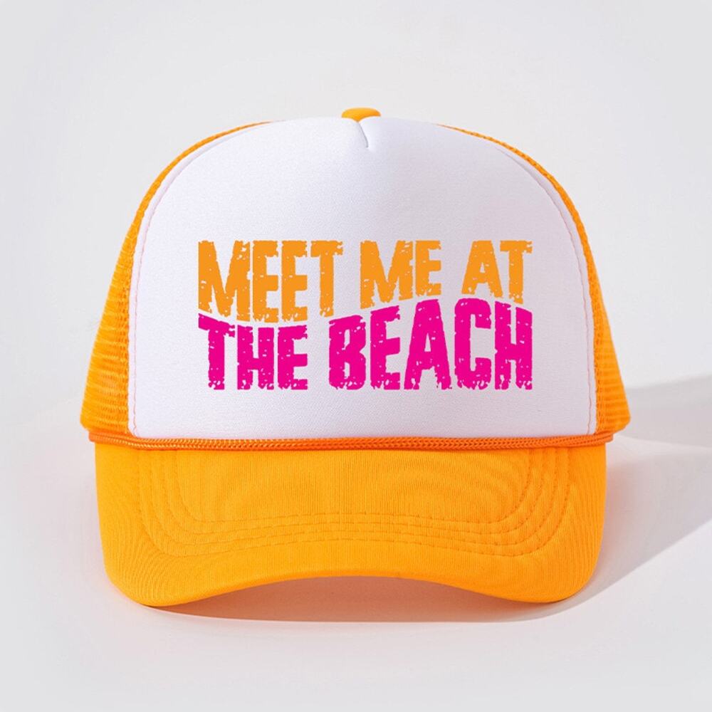 Meet Me at the Beach Orange Retro Summer Snapback Mesh Trucker Hat NWOT
